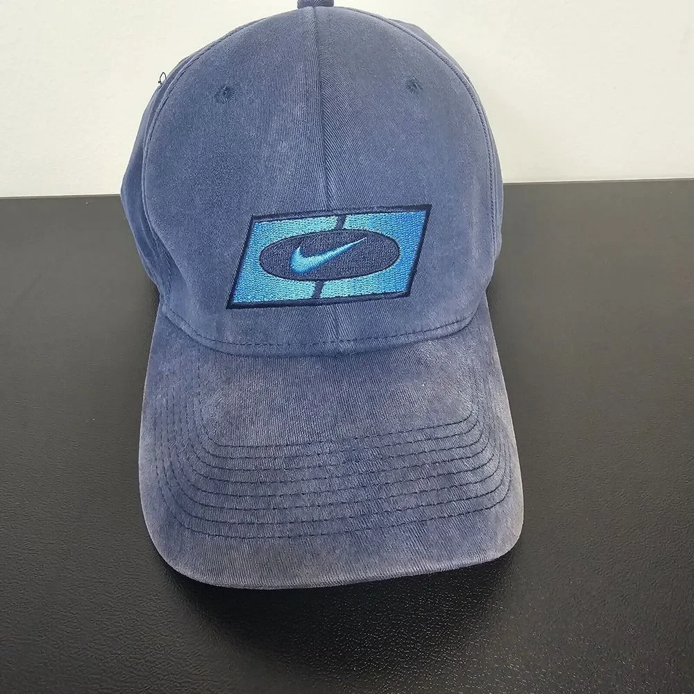 VINTAGE Nike Hat Cap Mens One Size Blue‎ Swoosh Spellout Logo Distressed Y2K